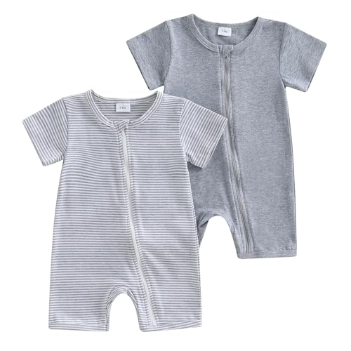 Image of XIXIMAON Baby Romper 2 Piece Set Stripe Short Sleeve Jumpsuit Zipper Bodysuit Unisex Newborn Summer Clothes Toddler Boy Rompers Girl One Piece Outfit (Gray, 18-24 Months)