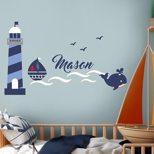 Personalized Name & Initial Lighthouse Whale Birds Ocean Wall Decals I Whale Baby Decorations for Boy & Girl Bedroom I Ocean Theme Classroom I Nursery Whale Decor I Ocean Animals I Multiple Size & Color Options