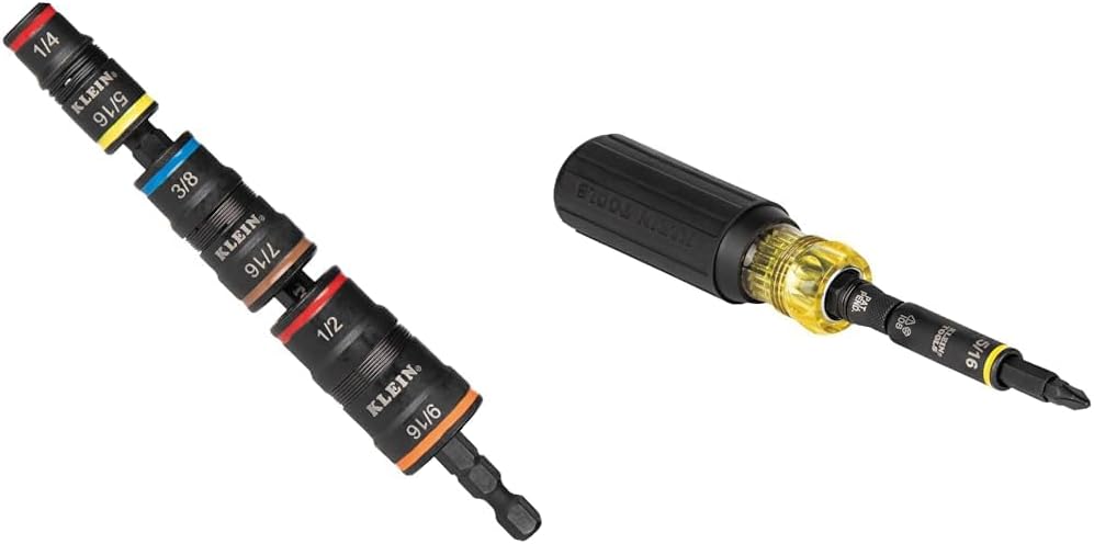 Klein Tools 32933 Impact Driver - 7-in-1 Flip Socket Set, 6 Hex Sizes & 2 Nut Drivers, 3 & 5-Inch Lengths