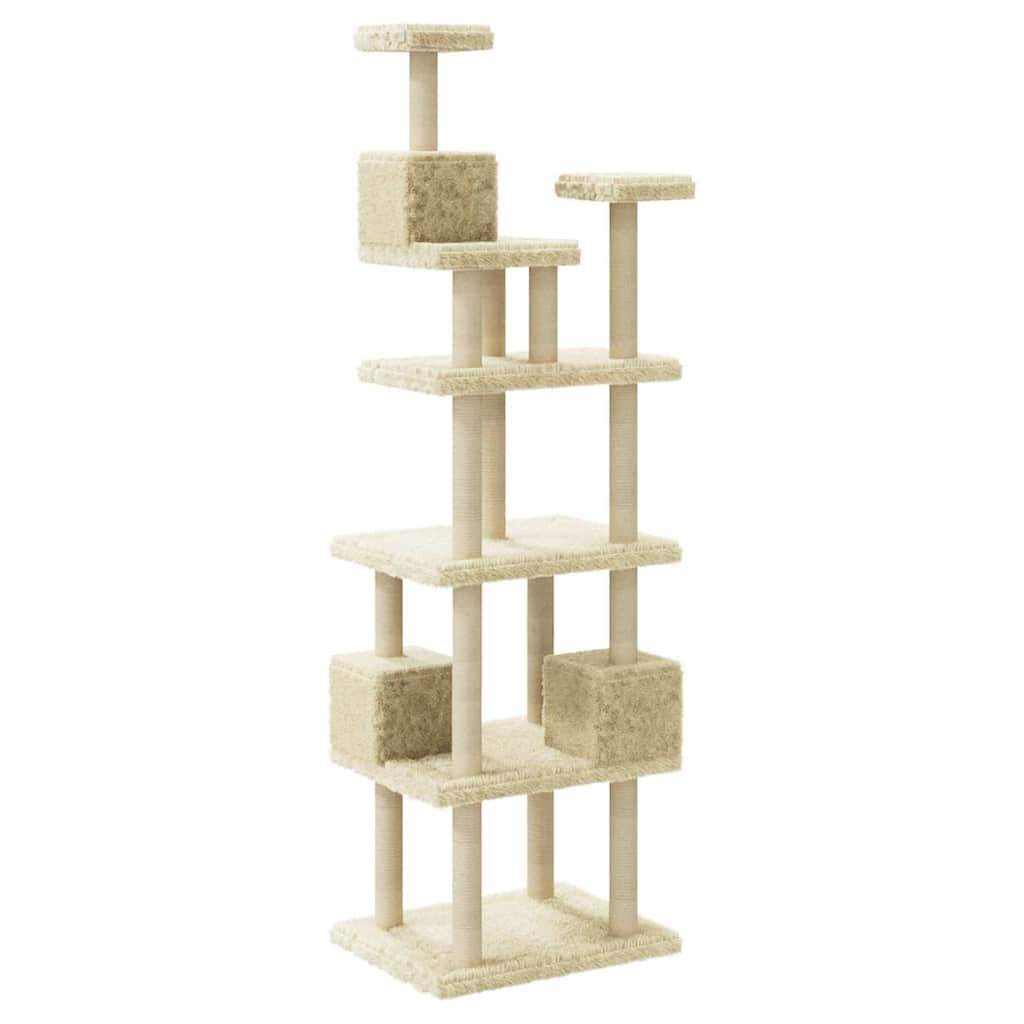 Kratzbaum groß mit 3 Katzenhöhlen, Kletterbaum für Katzen mit Sisal-Kratzsäulen und Plüsch-Aussichtsplattformen, stabiles Katzenmöbel Creme 188 cm hoch