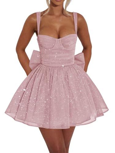 UZN Light Pink Sparkly Homecoming Dress for Teens Sweetheart Tulle HOCO Dresses 2026 Short Glitter Mini Cocktail Gowns with Bow US2
