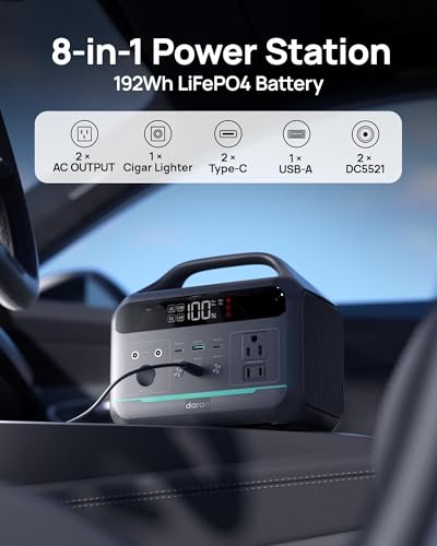 Image of Daran 300W Portable Power Station (600W Surge) | 192Wh LiFePO4 Solar Generator for Camping, RV & Emergency | 8-in-1 Lightweight Battery Supply with 60W PD & LED Light for Laptop, Drone