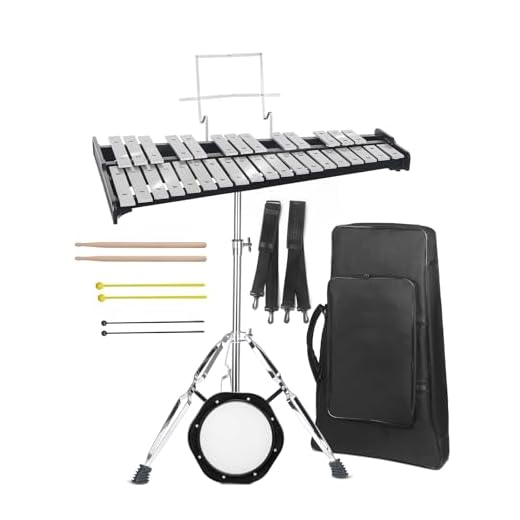 Professional 32 Note Glockenspiel Xylophone Bell Kit for beginner :Muted Practice Pad Percussion Kit for Adult, with Three Types of Drumsticks, Adjustable Stand&Carrying Bag