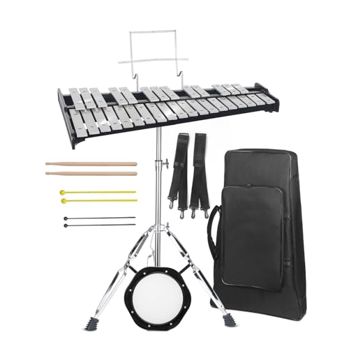 Professional 32 Note Glockenspiel Xylophone Bell Kit for beginner :Muted Practice Pad Percussion Kit for Adult with Three Types of Drumsticks Adjustable Stand&Carrying Bag