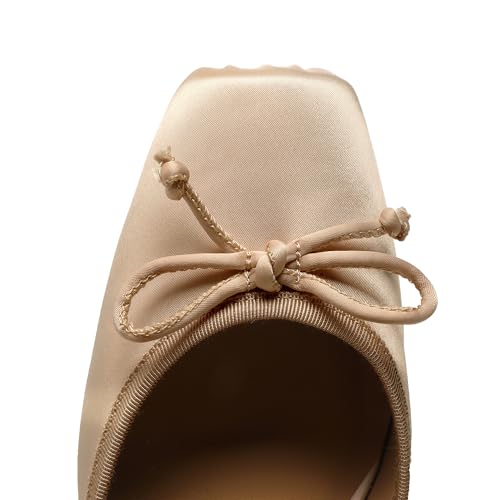 Image of Riekhany Satin Ballet Heels for Women Closed Square Toe Bow Ballerina Heels Lace Up High Heel Slingback Pumps Strappy Stiletto Mary Janes Elegant Party Shoes