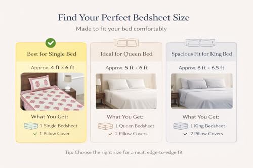 Image of elanorhomes 100% Cotton 240 TC Single Bed Sheet Set | Floral Printed Bedsheet with Pillow Cover | Soft Breathable Fabric for Bedroom | 60x90 Inches (Red Fulwari Print)