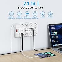 BEVA 18 Fach Steckdosenleiste 3680W/16A, Mehrfachsteckdose mit USB,4M Kabel | 2100J Steckdosenleiste Überspannungsschutz ,Wandmontage, mit Schalter und 2 USB-C (15W)+4 USB-A, für Büro und zu Hause – Ansicht 2