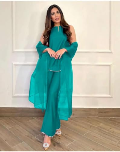 Image of Pearl Embroidered Solid Kurta Palazzo Set|Indo Western Party Outfit with Organza Net Dupatta|Sleeveless Kurti for Women