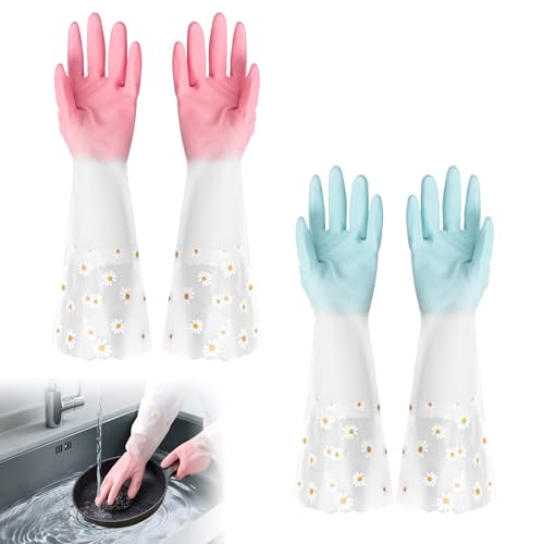 Bansusu 2 Pairs Washing Up Gloves Long Cuff and Non Flock Lining Marigold Glove Reusable Rubber Gloves Non-Slip for Washing Dishes for Kitchen Bathroom Gardening