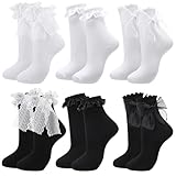 Utensilsto 6 Paar Damen Socken mit Spitzenschleife, Rüschen Socken, Elegante Süße Knöchelsocken für Mädchen Frauen, EU 36-40 Weiß Schwarz