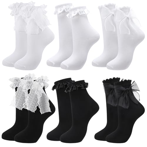 Utensilsto 6 Paar Damen Socken mit Spitzenschleife Rüschen Socken Elegante Süße Knöchelsocken für Mädchen Frauen EU 36-40 Weiß Schwarz