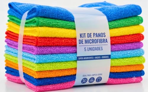 Pano de Microfibra com 5 Unidades Para Limpeza de Pia Vidros Casa e Carro(Automóvel) Anti-risco, 25x25cm Cores Diversas