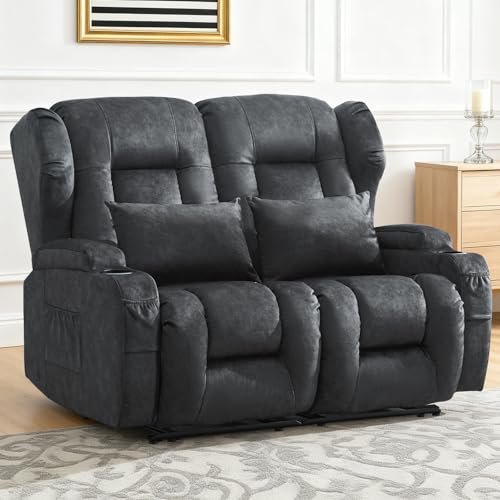 Image of Loveseat Recliner Sofa,RV Wall Hugger Recliners for Small Spaces,Reclining Loveseat Sofa Recliner with Cup Holders /Lumbar Pillows,RV Furniture (Velvet Gray, 56 inch 2-Seater)