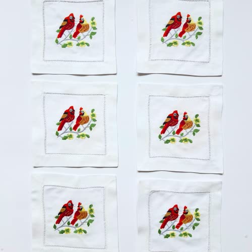 Hcraft Embroidered White Cocktail Napkins 6"X6" Set Of 6 Cloth Napkin Coasters, Set Cadinal Embroidered Cocktail Napkins For Christmas Cocktail Napkins Parties, Ladder Hemstitch, Great Present Ideas #TOP1