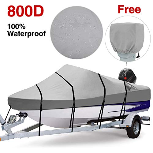 RVMasking Waterproof 800D Polyester Trailerable Full Size Boat Cover Gray for 17"-19" V-Hull