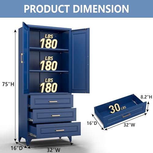 Image of Polup Metal Storage Cabinet,75 inch Tall Kitchen Pantry Storage Cabinet with Doors and Adjustable Shelves, Blue Metal Pantry Cabinets with 3 Drawers, Large Cupboard for Dining Living Room, Bathroom