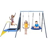 440lbs Kids Swing Set, 3-in-1 Outdoor Playground with Platform Swing, Belt Seat & 4ft Trampoline, Heavy Duty A-Frame Metal Stand & Safety Stakes, Backyard Playset for Toddlers 3-8 Years Old