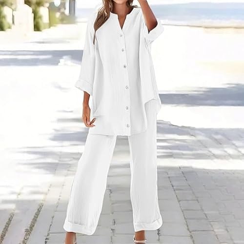 Womens Lounge Wear Sets Cotton Linen Ladies Tracksuit Set 2 Piece Summer Outfits Co Ord Sets Long Sleeve Blouses Tops and Wide Leg Trousers Activewear(White,3XL) - Image 5
