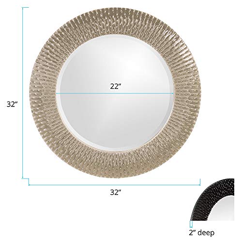 Image of Howard Elliott Collection Bergman Round Wall Mirror, Textured Ribbed Frame with Glossy Nickel Finish, Decorative Accent Mirror, Ready to Hang, 32H x 32W x 1D, Nickel