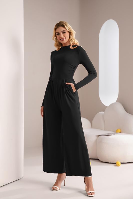 Combinaison Femme Chic et Élégant Manches Longues Col Mock Jumpsuit Slim Fit Taille Haute Pantalon Large avec Poches Casual Combinaisons Fluide Combi Automne pour Cocktail Mariage Soirée