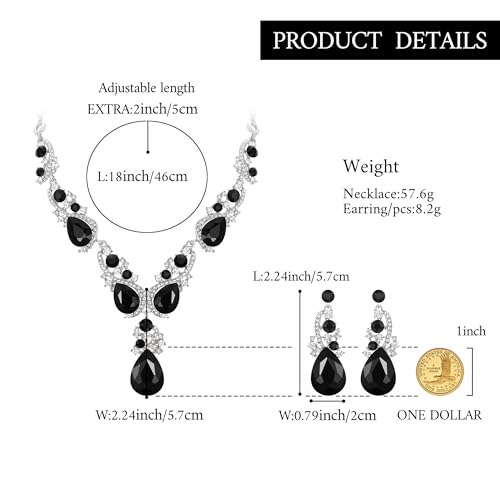 BriLove Wedding Bridal Jewelry Set for Women Multi Teardrop Cluster Crystal Statement Necklace Dangle Earrings for Party Accessories Black Silver-Tone