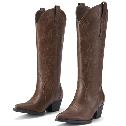 Image of Rollda Cowboy Boots for Women Cowgirl Boots Embroidered Knee-High Western Boots Pointy Toe with Chunky Heel