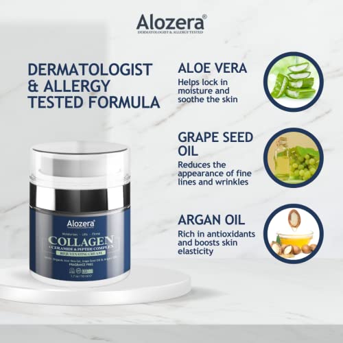 Alozera Collagen Rejuvenating Face Cream With Organic Aloe Vera Gel, Grape Seed Oil And Argan Oil, 1.7Oz #TOP2