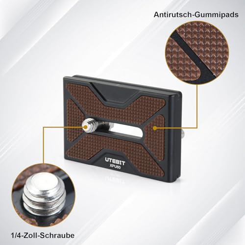 UTEBIT Płytka szybkozłączki PU-60, 2 sztuki Quick Release Plate ze śrubą do kamery 1/4" Arca Swiss, płytka szybkozłączna, kompatybilna ze statywem, aparatem, głowicą kulową 60 mm