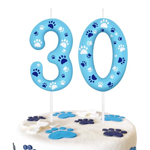 Blue Dog Paw 30th Birthday Number Candles, Number 30 Candle Cake Toppers for Dog Lovers Themed Parties, 30th Birthday Cake Candles for Boys and Girls, Kids Party Supplies