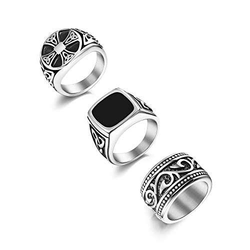 Florideco 3Pcs Stainless Steel Biker Rings for Men Vintage Signet Ring Band Set with Celtic Knot Size 7-13