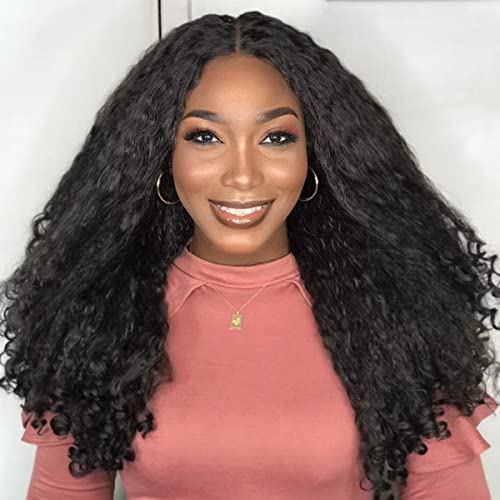 Soku Afro Curly Lace Front Wig Synthetic Kinky Straight With Curly Ends T Part Hd Transparent Swiss Lace Fluffy Bouncy Hair Wigs 20 Inch Dark Brown Heat Friendly Afro Wigs For Black Women #TOP2