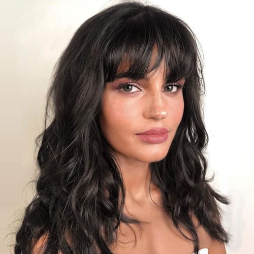 WIGNEE Natural Wave Wigs with Bangs 100% Brazilian Human Hair Fashion Wave Wigs Natural Black (14 Inch) 14Inch 1B