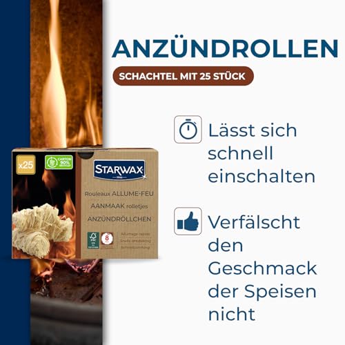 STARWAX - Anzündwolle - Schnelles, sauberes und geruchsfreies Anzünden - Ohne Geschmacksveränderung - Bis zu 8 Min. Verbrennung - FSC® - BBQ & Kamin - 25er-Pack