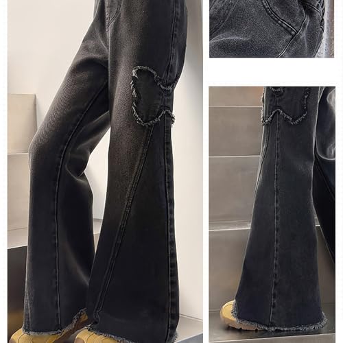 Girls Flared Jeans Butterfly Embroidery Elastic Waist 𝗥aw 𝗛em Jeans 𝗩intage Floor Length Pants with Pocket4