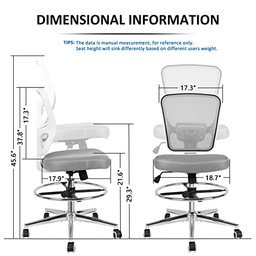 Image of Drafting Chair, Tall Office Chair for Standing Desk, Drafting Stool with Lumbar Support, Adjustable Height and Foot Ring, Grey
