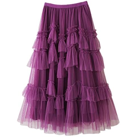 Women's Midi Tulle Skirts Elastic Waist 3 Layered Mesh Formal Prom Party A Line Tutu Skirt(Purple) Cover