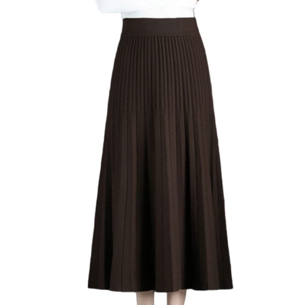 Röcke,Damen Midirock Braun Elastisch Hohe Taille Schlichtheit Faltenrock Herbst Winter Schlank A-Linie Swing Geraffte Elegante Lange Röcke Für Mädchen Damen,S
