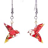 Boucles d'oreilles colombes origami (Fleurs blanches sur fond rouge)