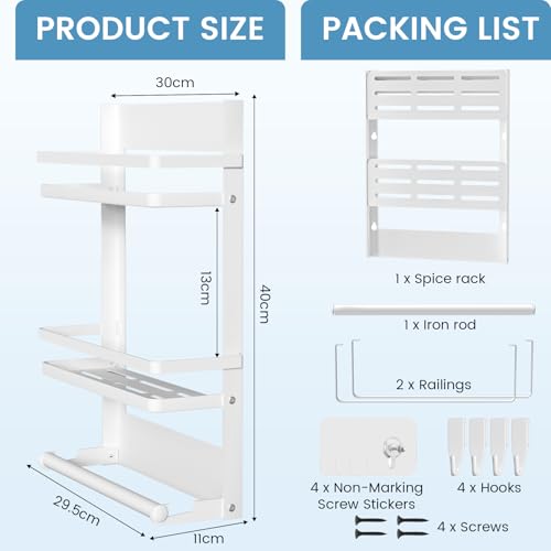DUNSOO Estante de especias con soporte para toallas de cocina y 4 ganchos, montaje sin taladrar, estante colgante de pared de acero inoxidable, para cocina y baño, color blanco - imagen 7