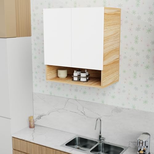 Image of 2 Door Multipurpose Wall Mounted Cabinet with Adjustable & Fixed Shelf | Storage for Kitchen, Bathroom, Office & Living Room | Assembly-DIY | Color-Asian Light & White | Size-60x33x63.8 Cm