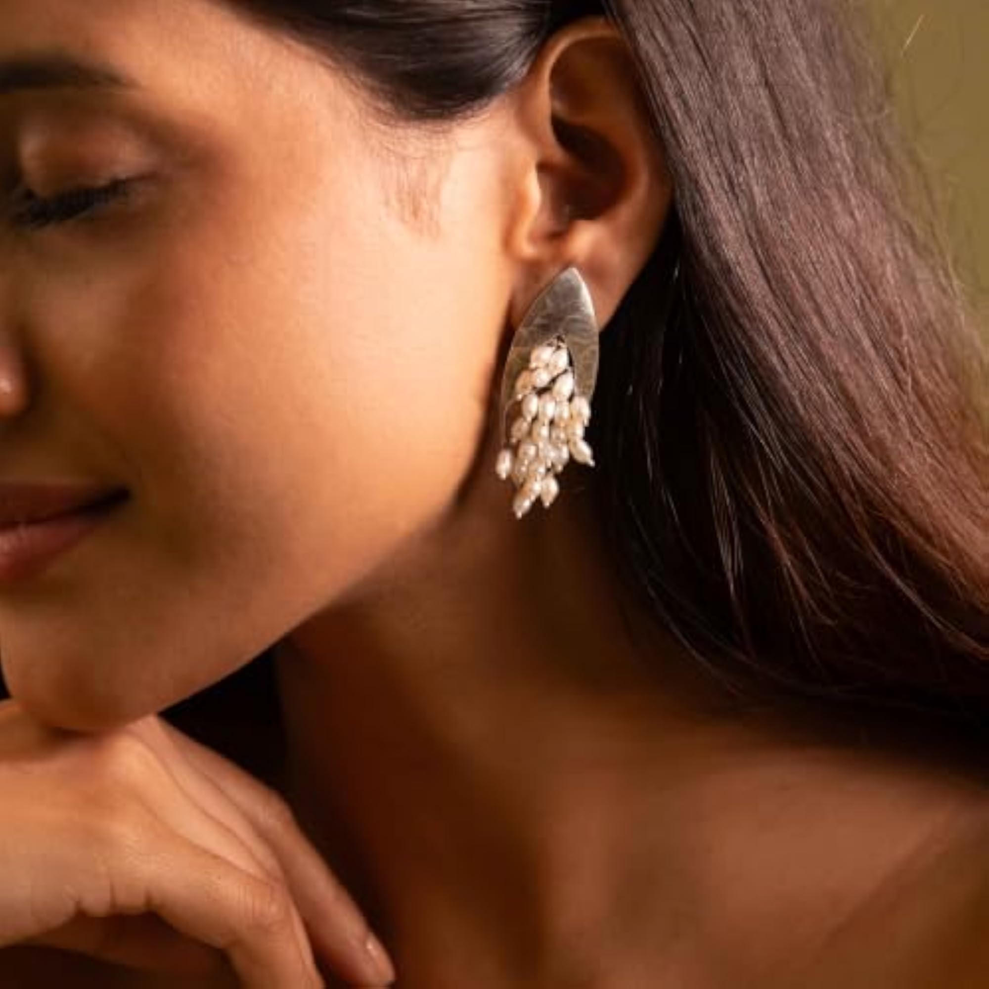 Women's 925 Silver Adya Textured Pearl Bunch Drop Earrings