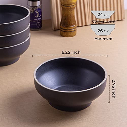 Leratio Ceramic Bowls Set Of 6, 26 Oz Deep Soup Bowls For Kitchen,Cereal,Salad,Pasta, Soup,Dessert Etc,Oven & Dishwasher & Microwave Safe,Scratch Resistant,Reactive Matte Black With Rim #TOP1