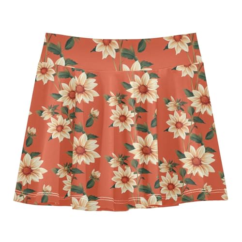 Vintage Dahlia Flowy Tennis Skirt for Girls with Shorts Pleated Skirt for Kids with Pockets Girl Skort Terracotta