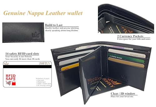 Nappa Leather Bifold Wallet for Men - 2 Spacious Cash Compartments,14 Card Slots with RFID Protection, Driving Licence Window, High-end Finish3