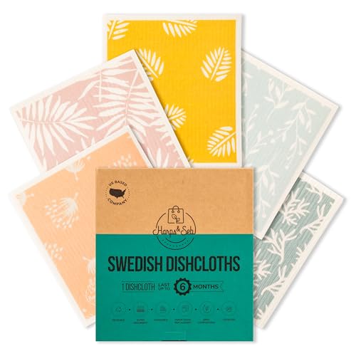 Harps&Seb Swedish Dishcloths for Kitchen Dish Towels - 5 Pack, Non-Scratch Reusable Paper Towels, Super Absorbent Washable Swedish Dish Cloths, No Odor, Biodegradable, Leaf Design