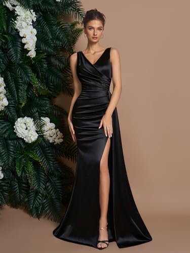 Women's Cocktail Dresses Elegant Black Satin V-Neck Pleated Slit Mermaid Evening Dresses for Wedding Guest4