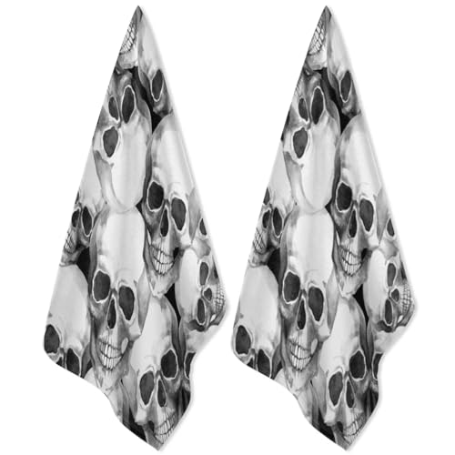 QsirBC Kitchen Towels Set of 2 Halloween Skull Theme Hand Towels Dish Towels Reusable Decorative Towel Sets for Cooking Baking, 28.3 X 17.7 Inch