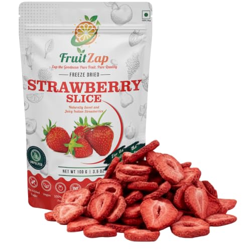 FRUITZAP Freeze Dried Strawberry Slices (100g Pouch) - 100% Pure Natural Fruit Snacks No Added Sugar Vegan Gluten Free Unpulped Healthy Berry Crisps for Kids School Lunchbox & Baking