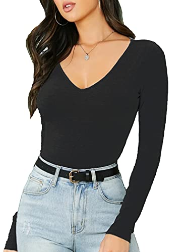 Women's Ladies Long Sleeve V Neck Basic Top Jersey Plain Stretchy Slim Fit Casual Wear T-Shirt Tee Tops 8-10 Black