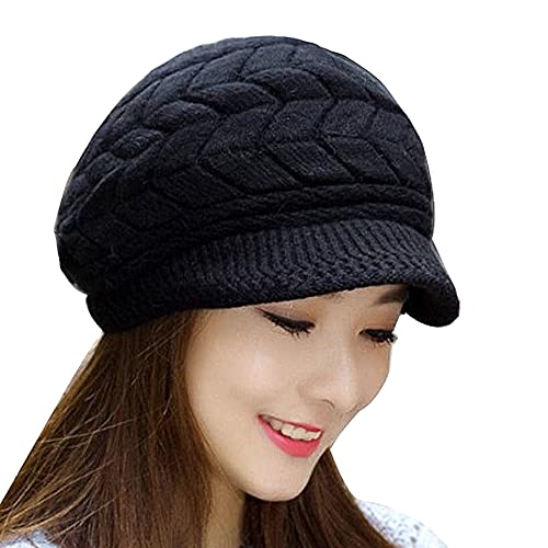 Roll Up Women's Girls Cute Fall Winter Cozy Fur Earflap Knitted Wool Ski Cap Beret Newsboy Beanie Hat Visor (Black_1)